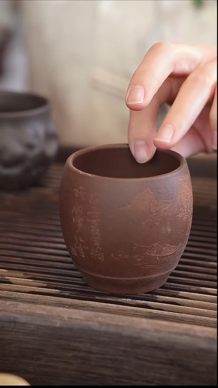 茶壶紫砂雕刻山水杯子160cc