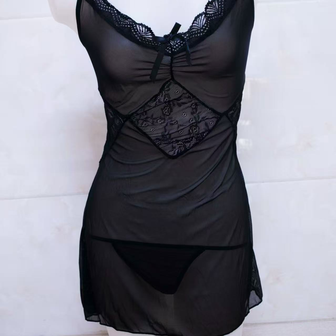 睡衣蕾丝时尚美背性感女士黑色连体诱惑显瘦长袖聚拢露背