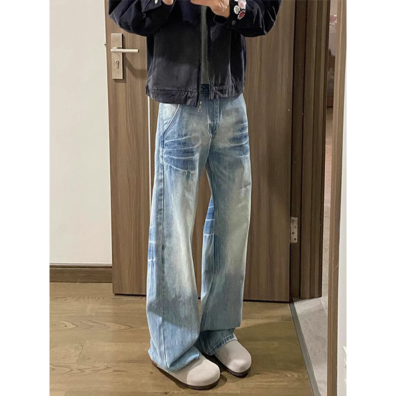 水洗蓝闪电纹牛仔裤男春秋美式高街vibe裤子高级感痞帅直筒微喇裤