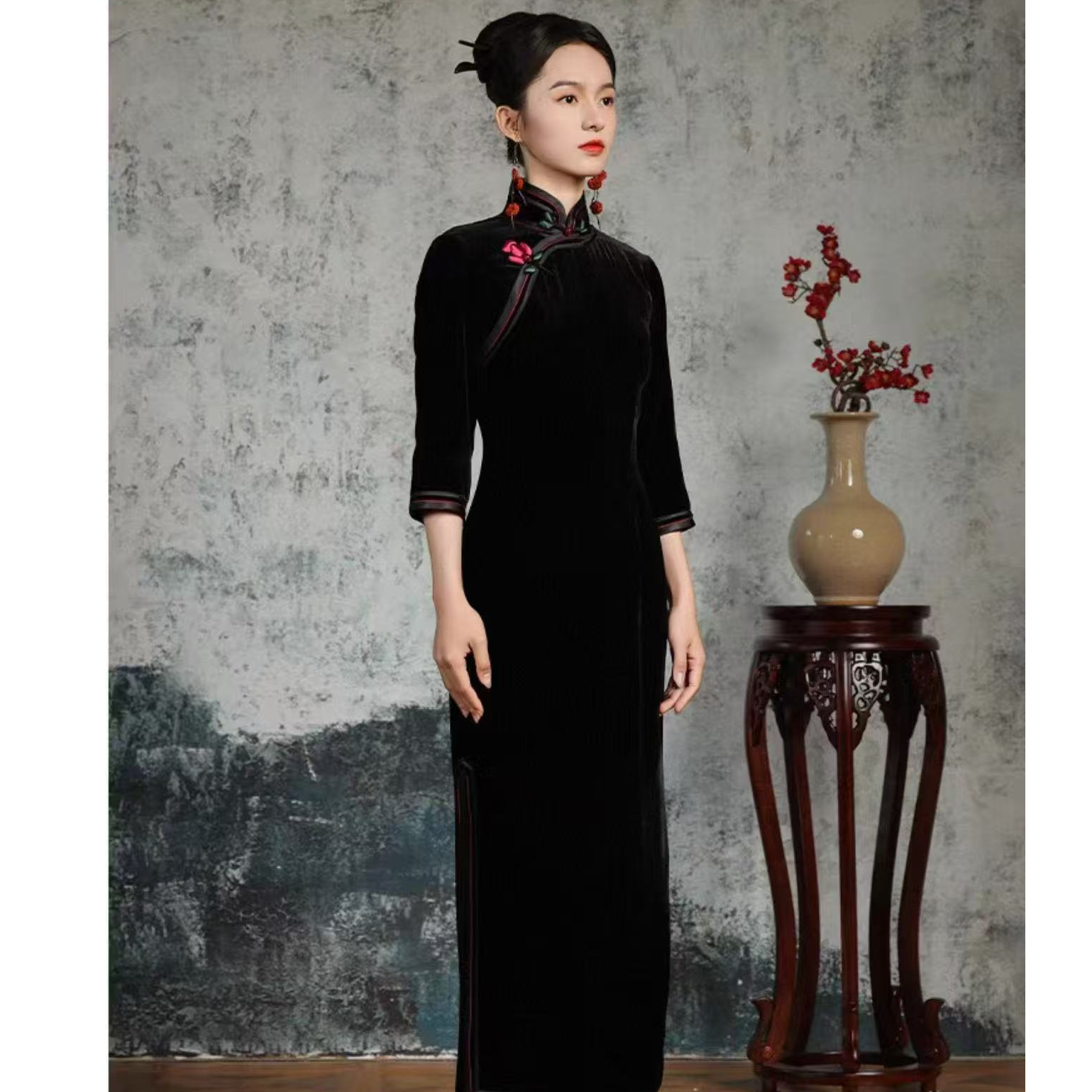 江南春【夜玫瑰】秋冬季新款修身显瘦气质港风旗袍改良版优雅