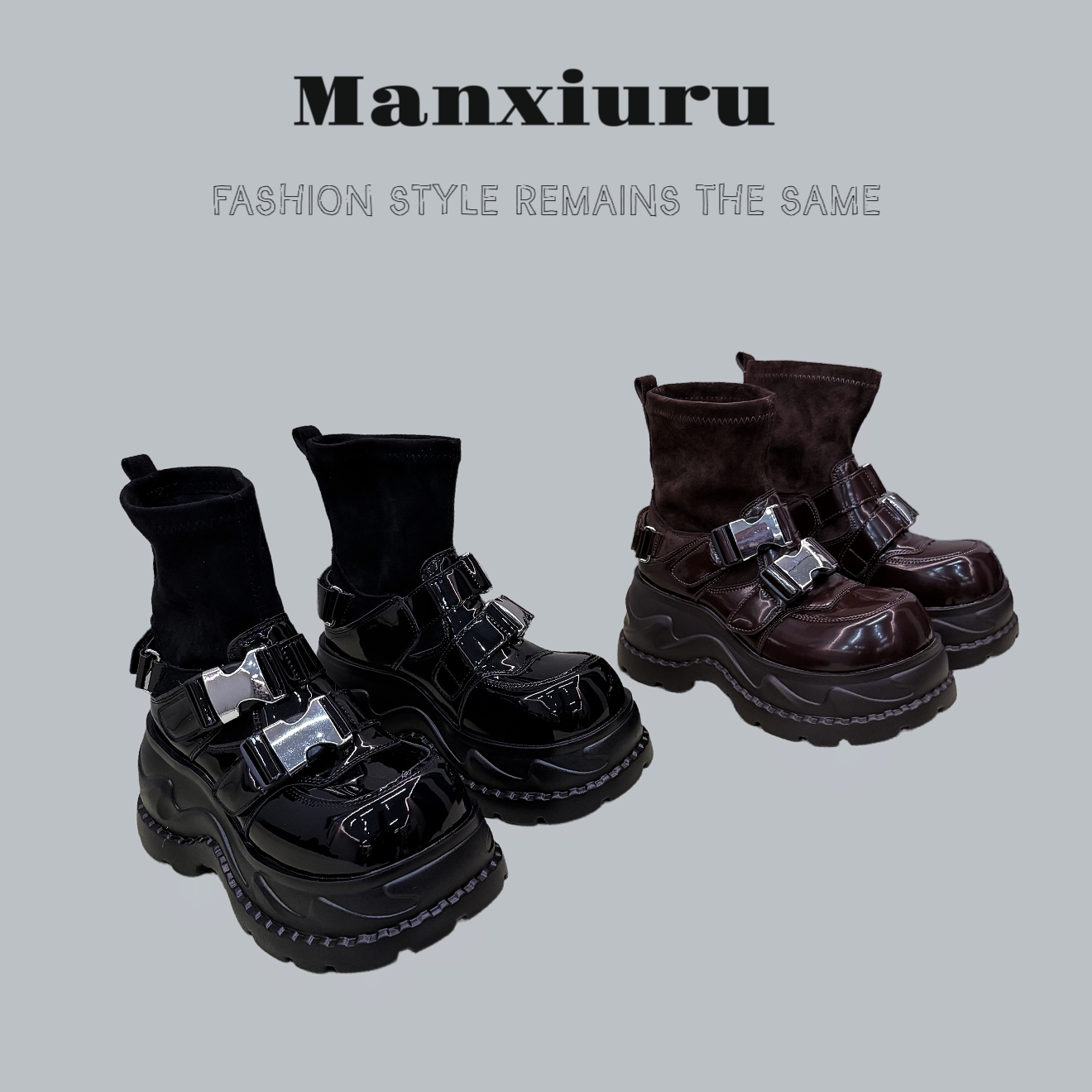 【曼曼】雨琦同款“流光机能”25S增高7cm酷飒短靴秋季英伦时装靴128