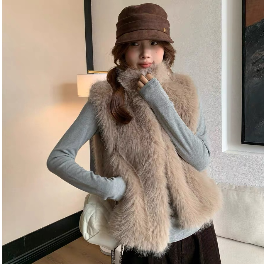 人造皮草 仿皮草马甲 秋冬立领毛毛马甲女百搭毛绒背心无袖外套