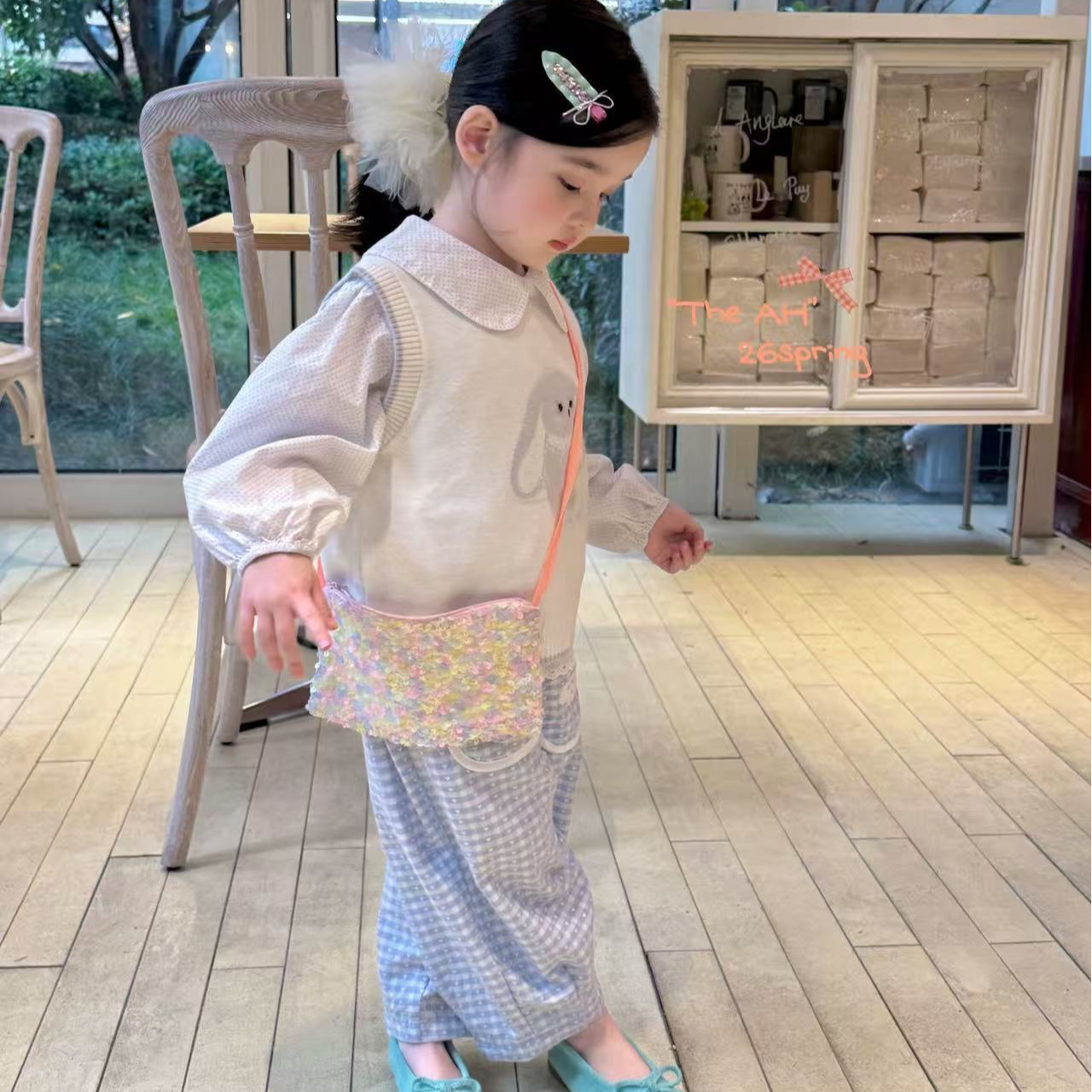 AH·26春～波点娃娃领衬衫小兔针织背心蓝格66141 66060 66005（汉服