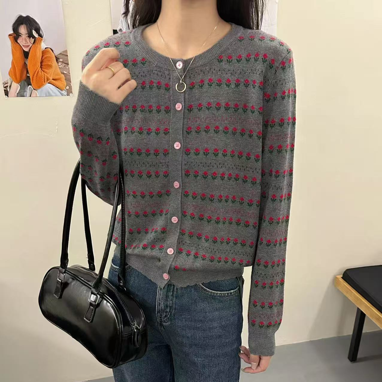 【灰色花朵】开衫小个子早秋针织开衫外套女生519