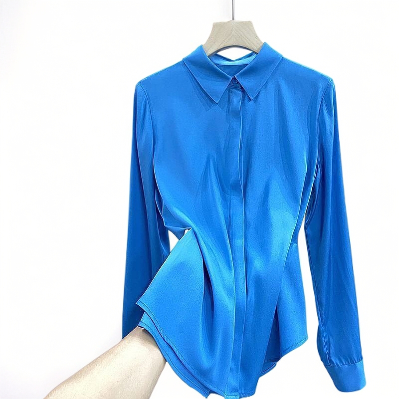 气质优雅桑蚕丝衬衫女长袖宽松克莱因蓝色上衣网红高质量美背吊带