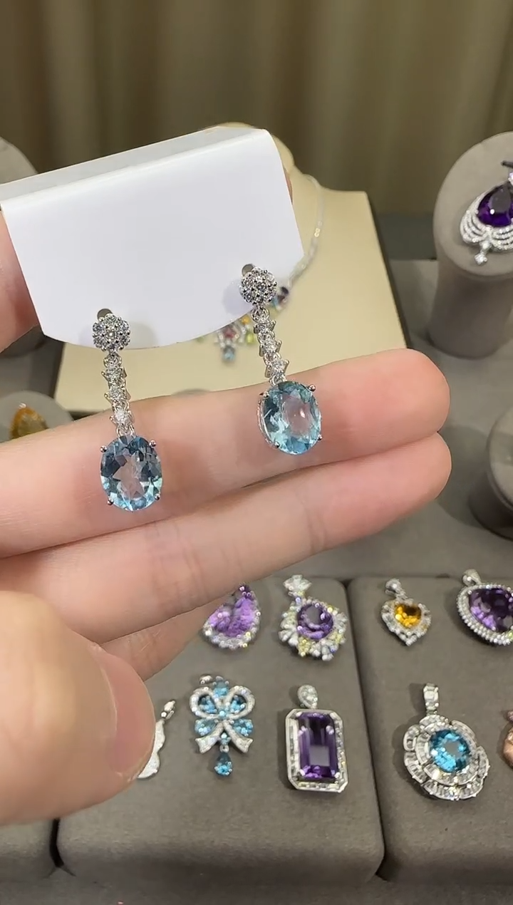 银S925镶嵌托帕石耳饰10*8mm耳坠设计款