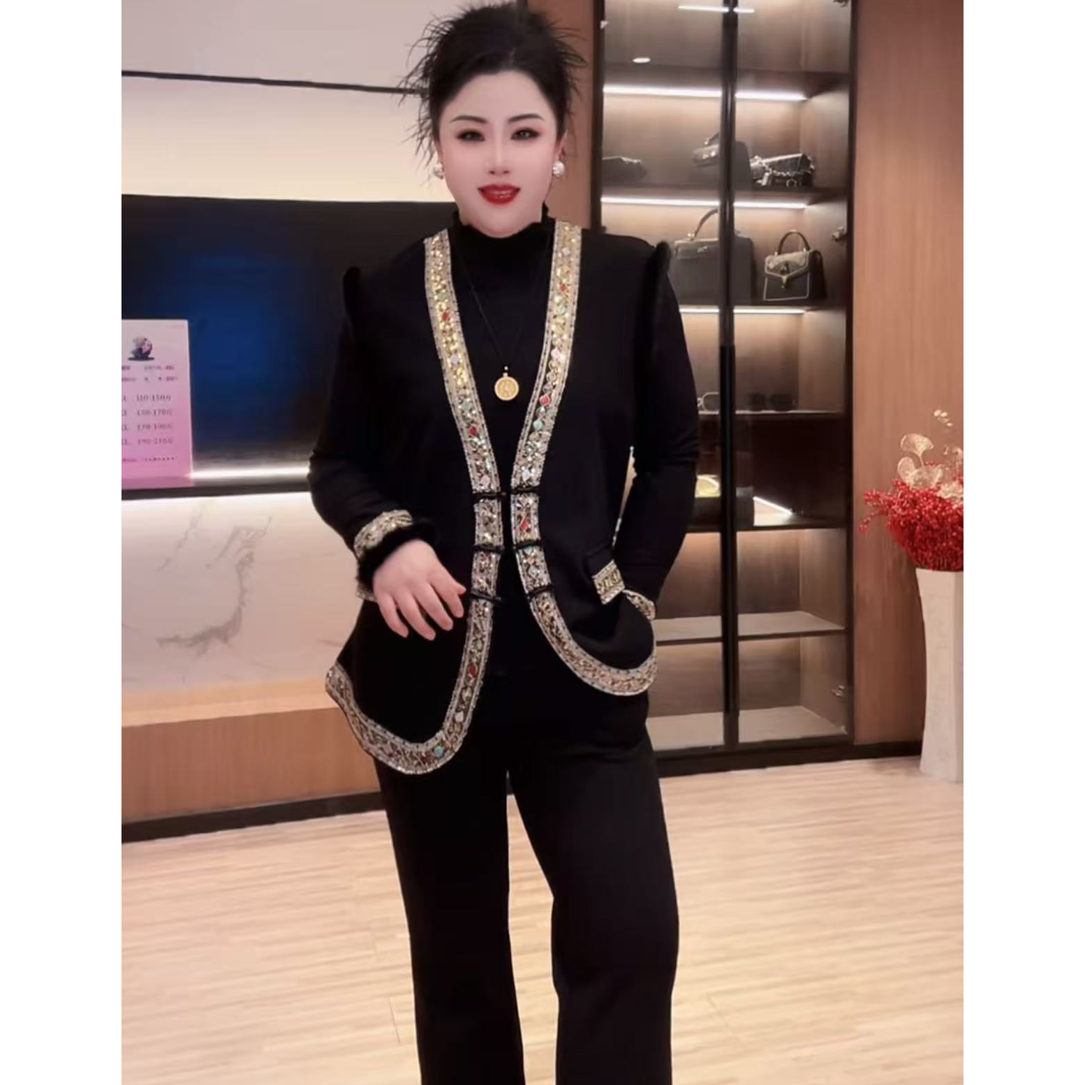 9749民族风重工镶边马甲时尚套装女显瘦百搭打底裤子三件套NJ