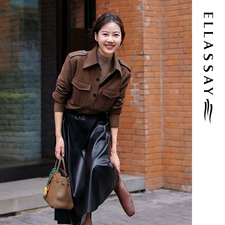 ELLASSAY歌力思25秋冬新款黑色通勤皮裙百褶半身裙女EWB363Q01300
