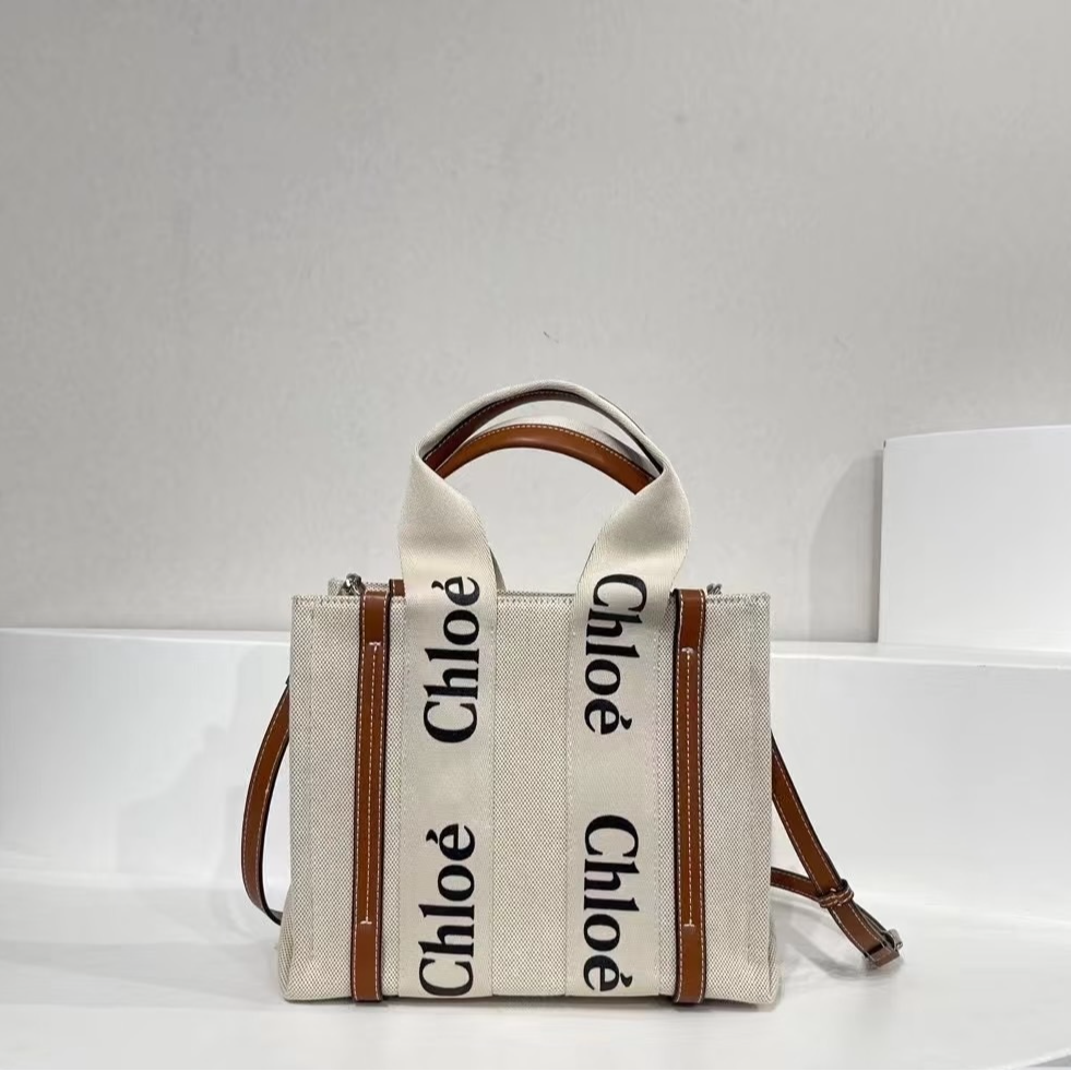 95新 Chloe/蔻依 米棕色帆布托特单肩/斜挎包