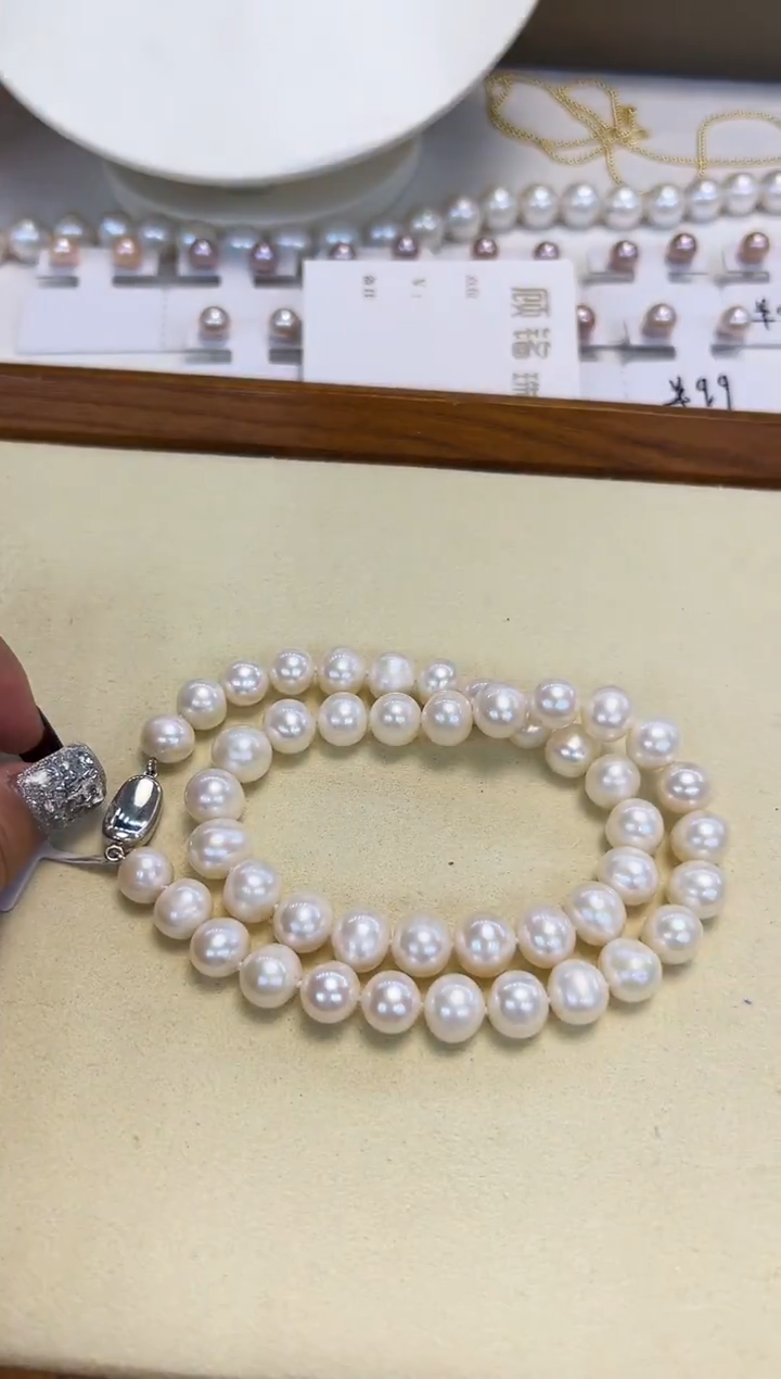 颈饰银S925镶嵌淡水珍珠9.5-10.5mm无核白珠项链