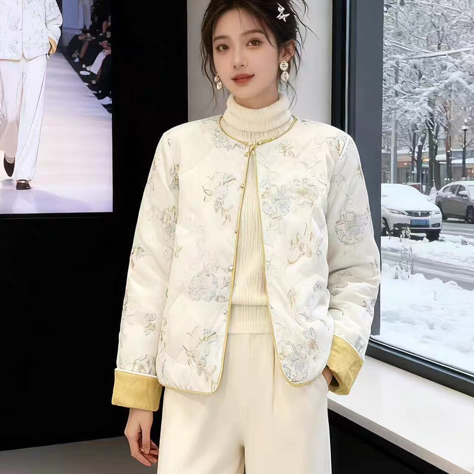 云锦 蝶恋花外套新中式国风刺绣双面穿加棉女冬季新款圆领棉衣