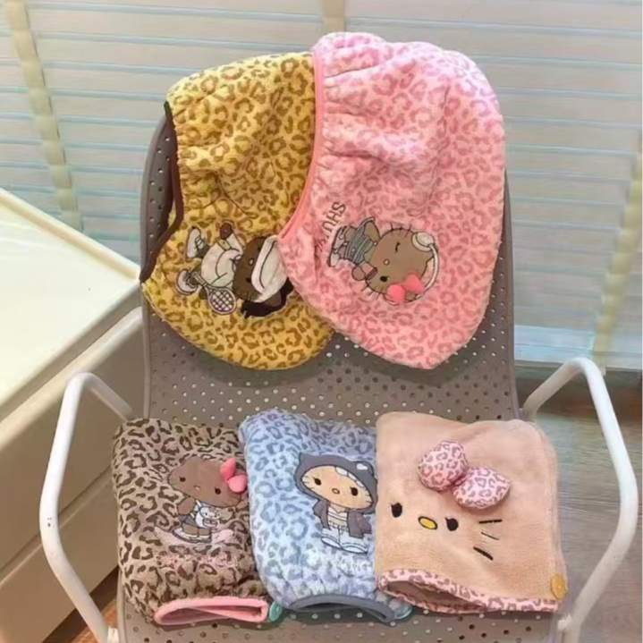 豹纹KT珊瑚绒干发帽刺绣干发帽收纳