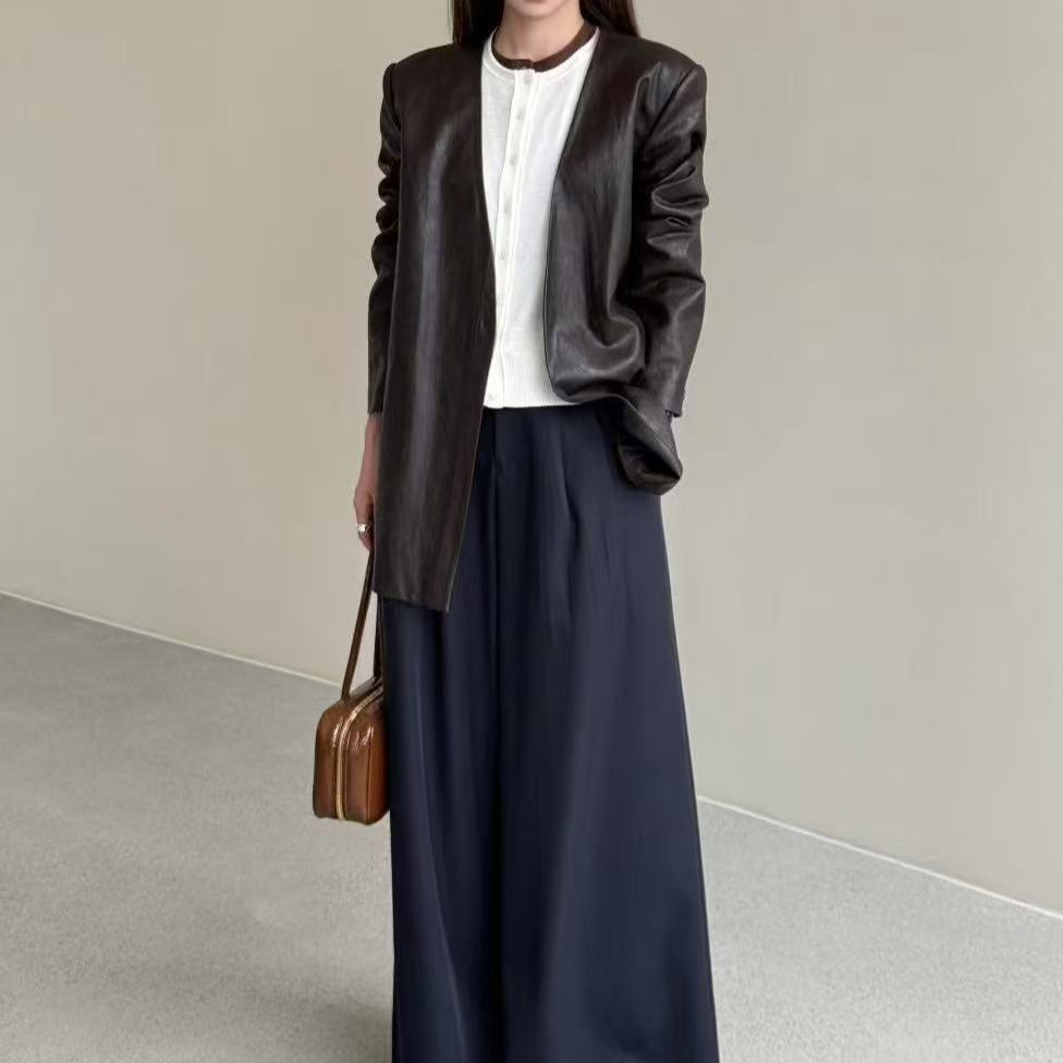 5456号57281#秋气质无领双口袋休闲皮外套（配腰带）A3-23