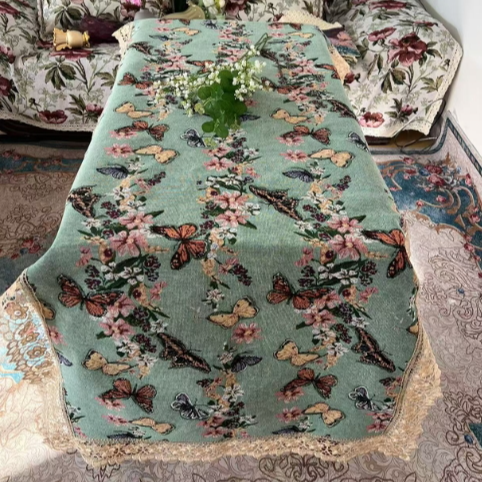 ZN111-85棉麻【90*220】绿蝴蝶水溶花边棉麻交织布桌布