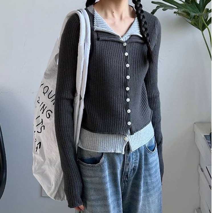 2025新款春季撞色设计两件针织衫秋季长袖上衣显瘦气质百搭款针织