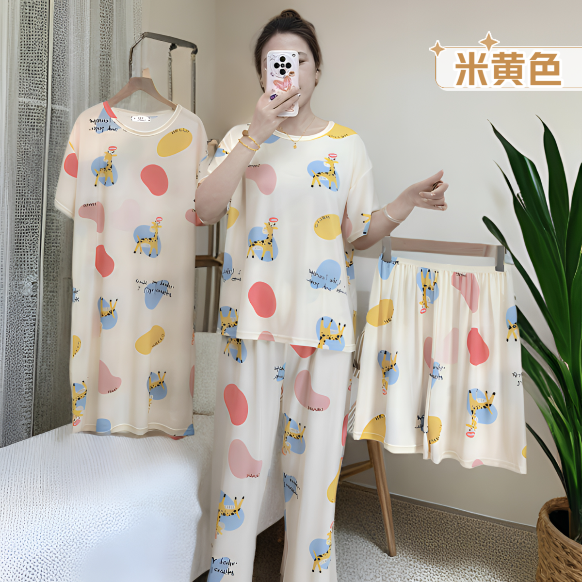 睡衣女夏季套装新款圆领短袖休闲卡通宽松夏季可外穿家居服套装25