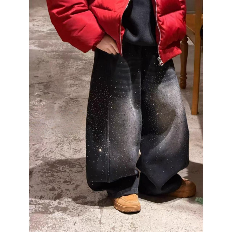 女童加绒裤子2025新款秋冬季满天星烫钻阔腿牛仔裤男童百搭长裤