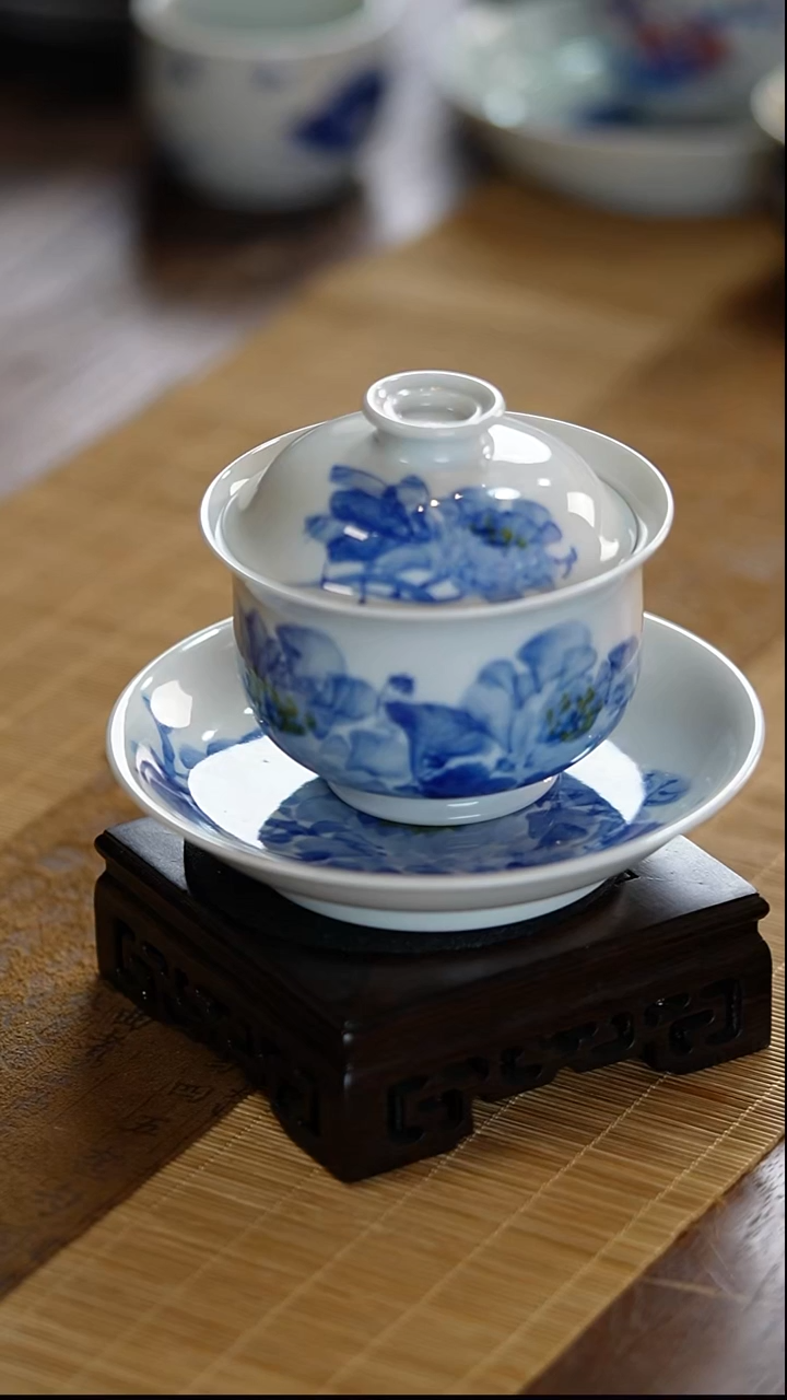 瓷景德镇陶瓷茶器三才牡丹盖碗