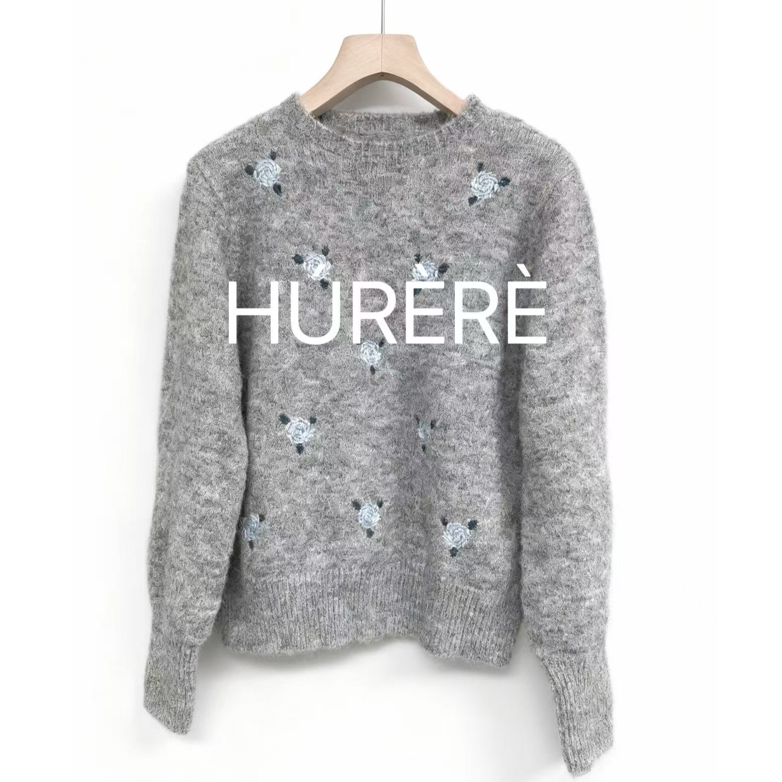 HÚRÈRÈ 【雾绒绣】冬季慵懒风圆领刺绣套头毛衣