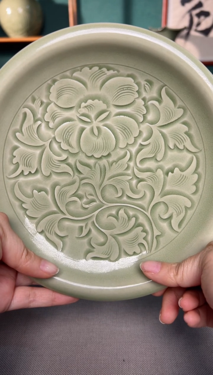 【闪购商品】其他纯手工内外双刻牡丹壶承赏盘