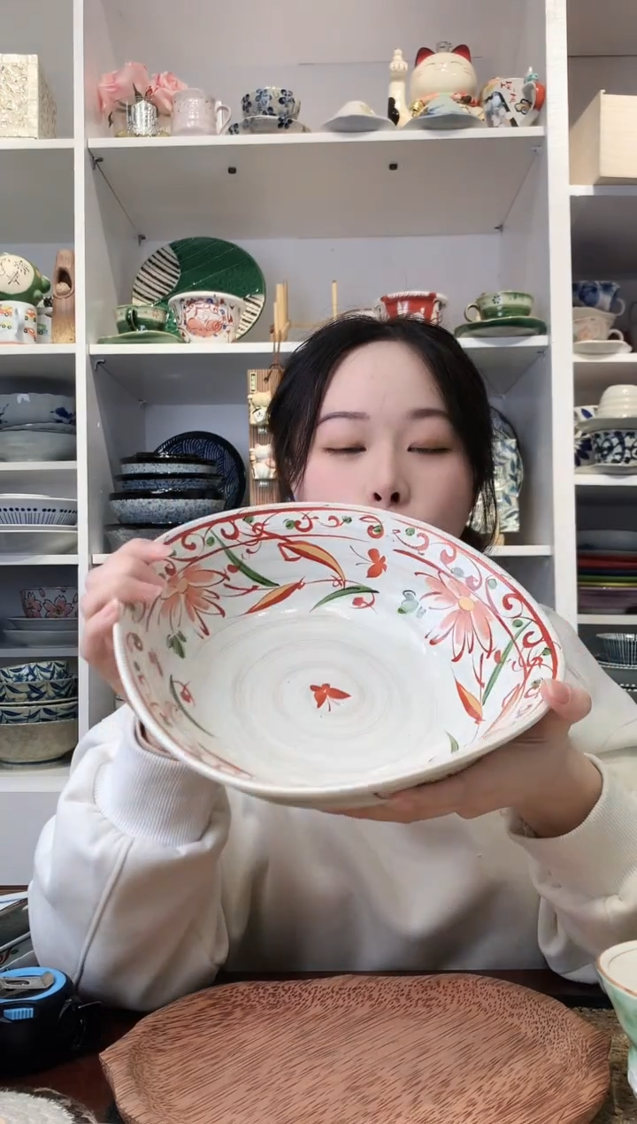 陶瓷bloom手绘赤绘花蝶三足大钵24.5cm