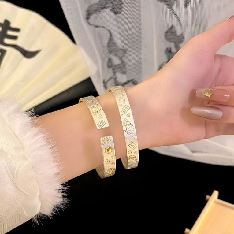 925银手镯 平安喜乐招财猫女描金吉言手镯心经手环送女友礼物镀层