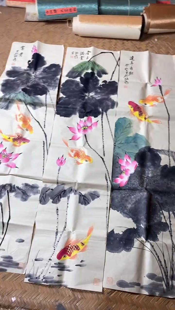 【闪购商品】张带盒墨荷金鱼四条屏(收到货有问题联系