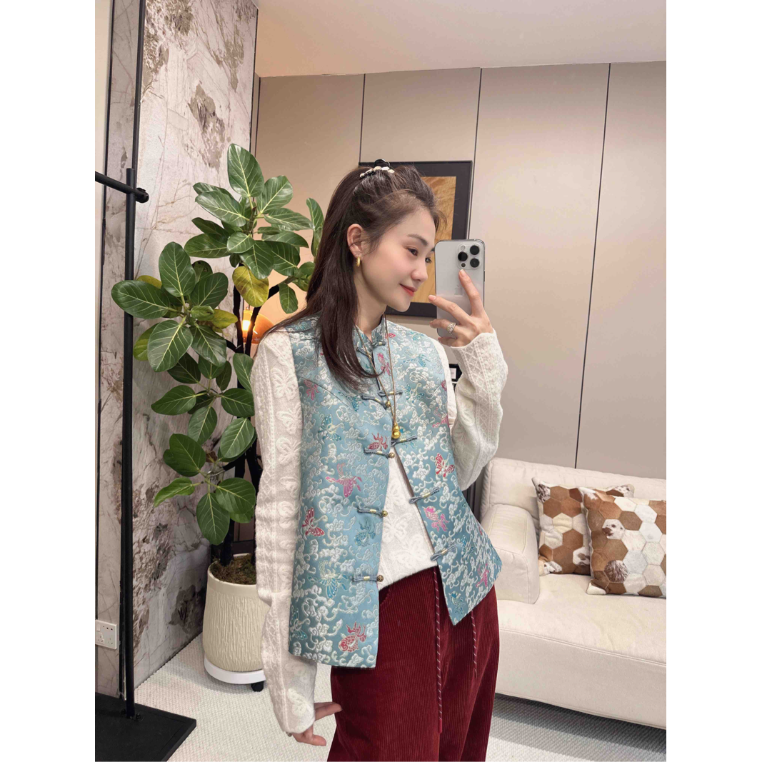 （金鱼戏彩碟）老宋锦高密度桑丝高贵气质中式马甲深圳南油小香风