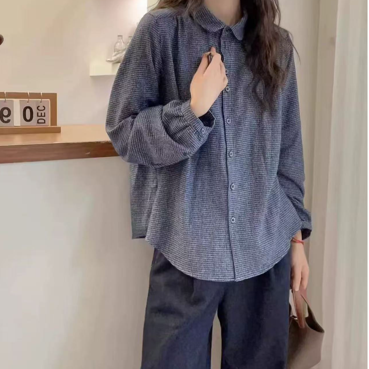 复古千鸟格磨毛衬衫女2025秋新款宽松休闲气质衬衣小个子9951