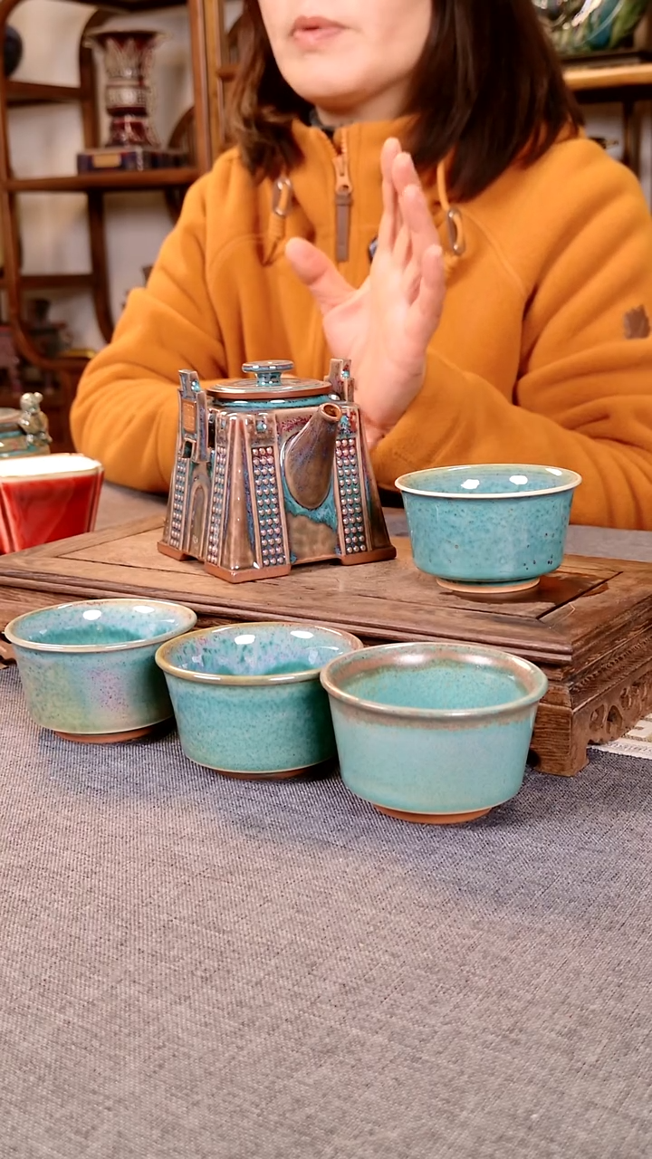 瓷片许君以昌一壶四杯套装 土魂钧瓷