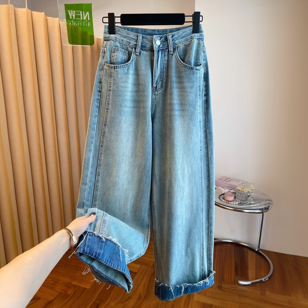 韩国水洗做旧蓝色直筒牛仔裤女春秋2025早春新款宽松休闲阔腿长裤