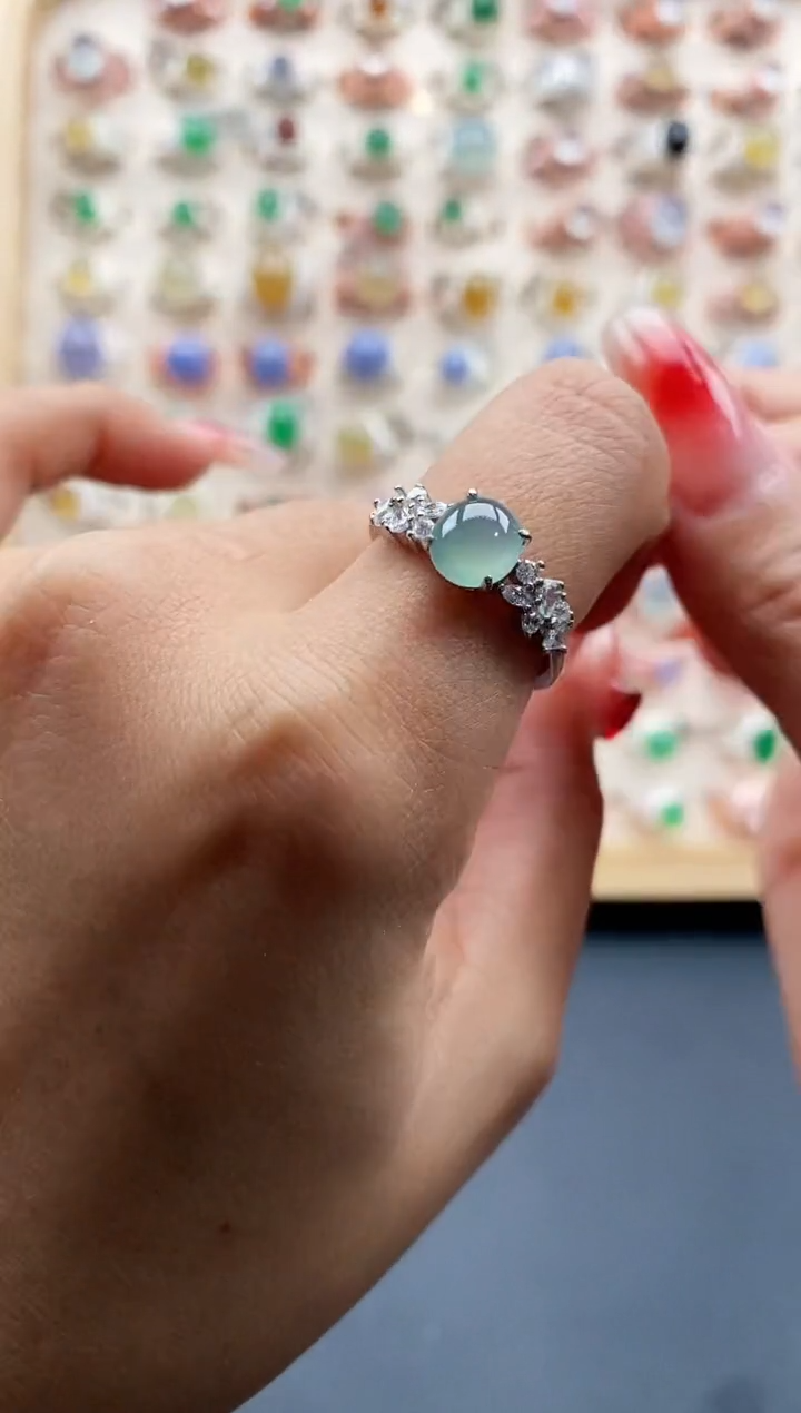 【闪购商品】翡翠戒指银S925镶嵌缅甸天然A货翡翠333 5+4