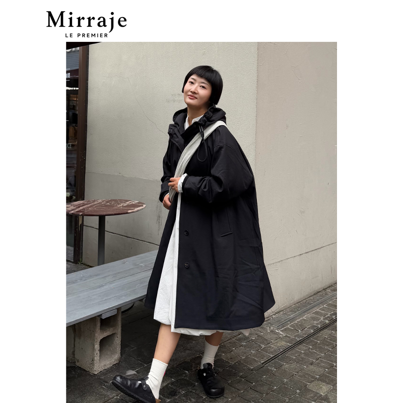 Mirraje白鹅绒高密抽绳立领廓形连帽羽绒服风衣外套长款冬季