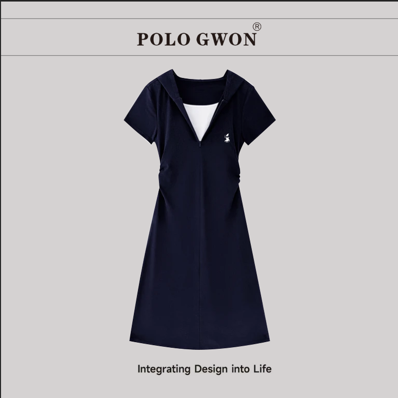 品牌正品POLOGWON/保罗连帽翻领假两件夏日长裙2598