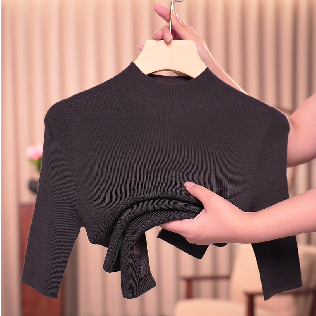 婷秋冬新款短袖可机洗【100%精纺全羊毛】女纯色针织百搭修身显瘦01