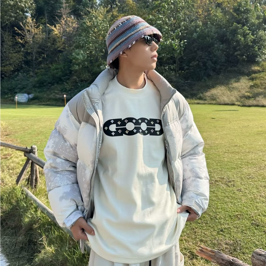 GOOD彩钻棋盘格纹珠地提花长袖T恤轻奢休闲男女同款百搭简约