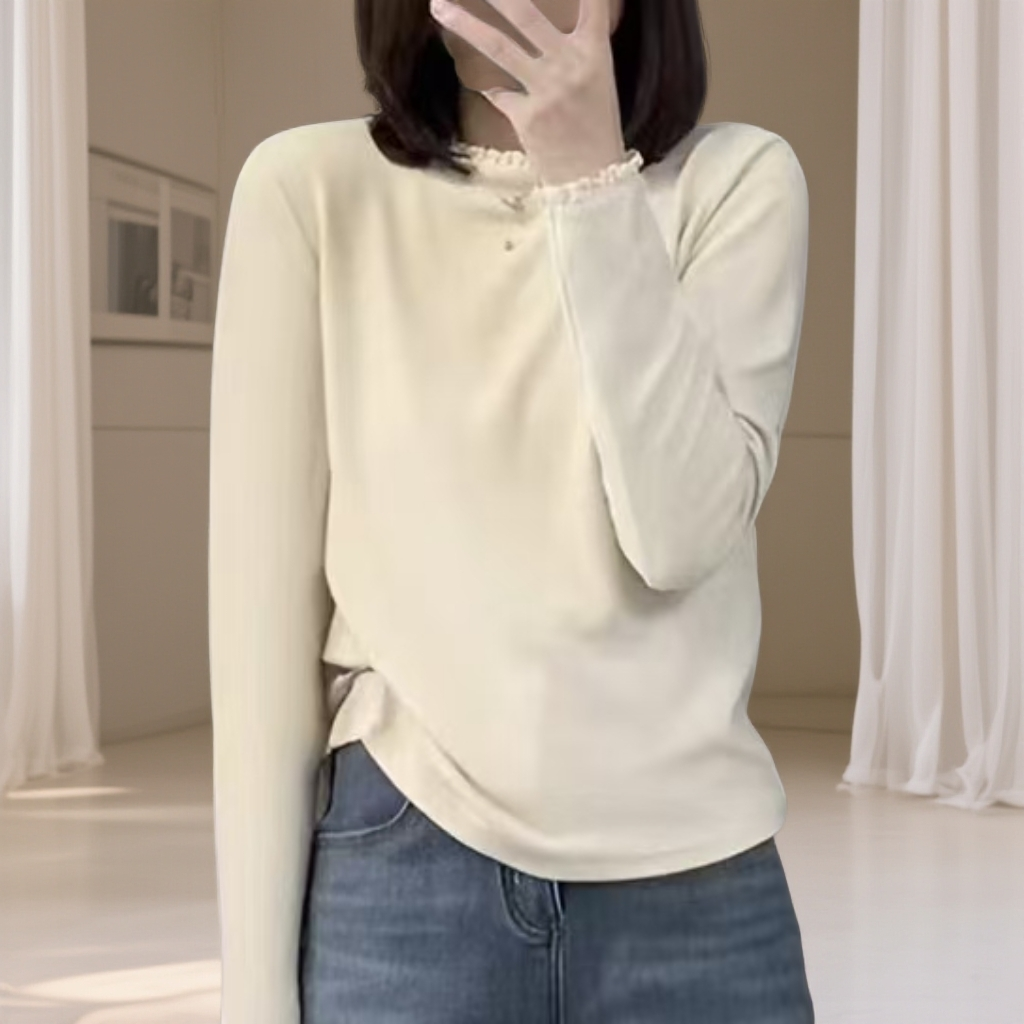 常规保暖拼接蕾丝修身型纯色打底衫立领网红套头休闲女款显瘦长袖