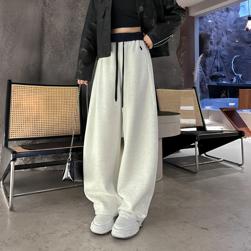 桃潇潇 慵懒风加绒刺绣阔腿裤冬加厚高腰宽松拼色休闲弯刀裤