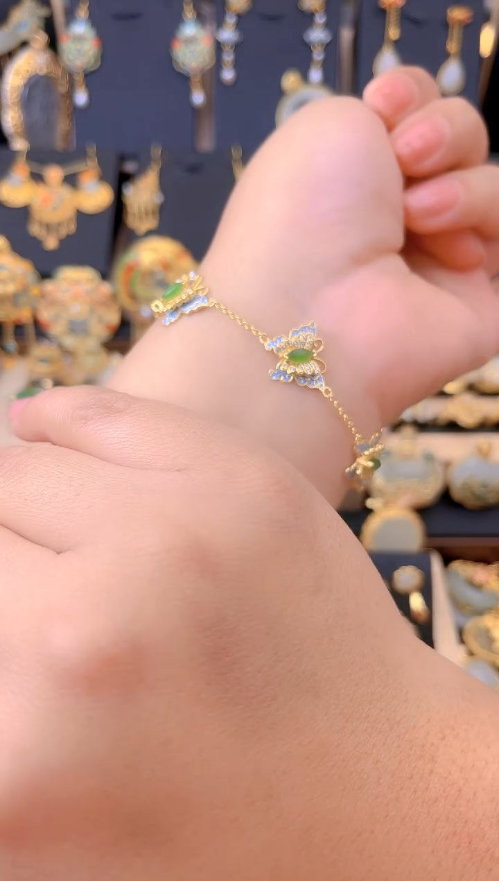 【闪购商品】和田玉手链银S925镀金镶嵌蝴蝶手链