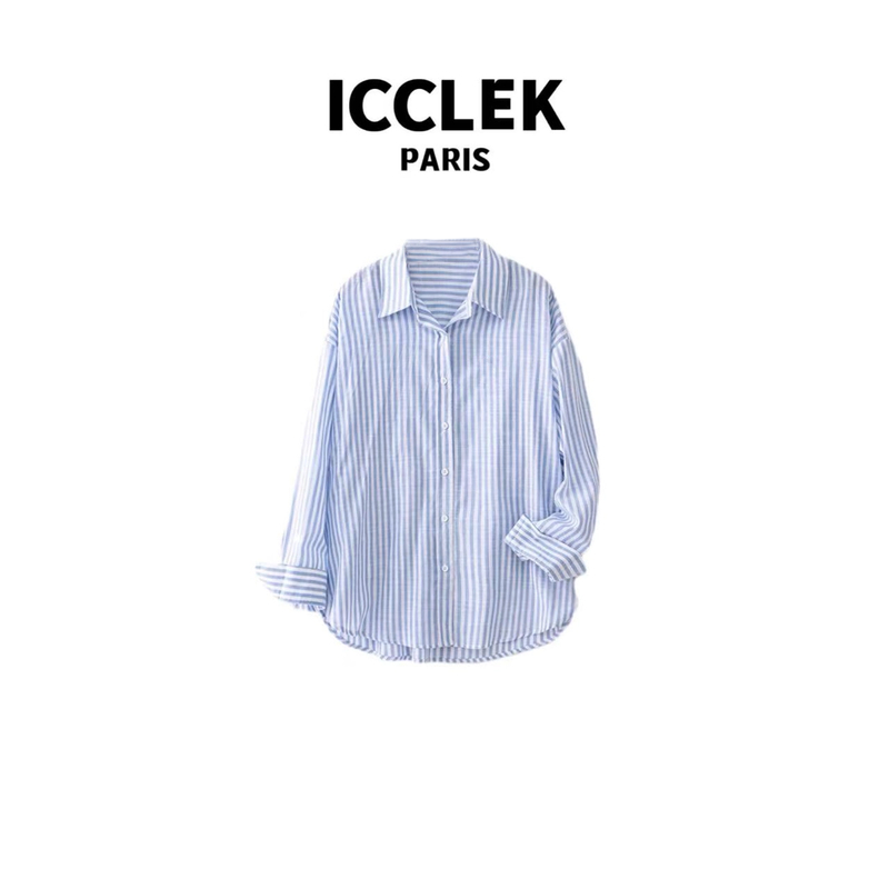 XY 蓝色条纹刺绣翻领长袖衬衫外套防晒通勤百搭上衣休 闲-3536