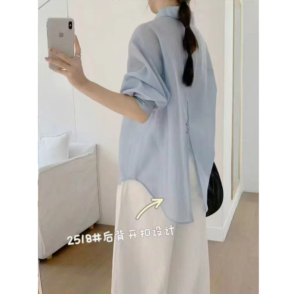 格子推荐~慵懒风防晒后开叉长袖衬衫2579清仓