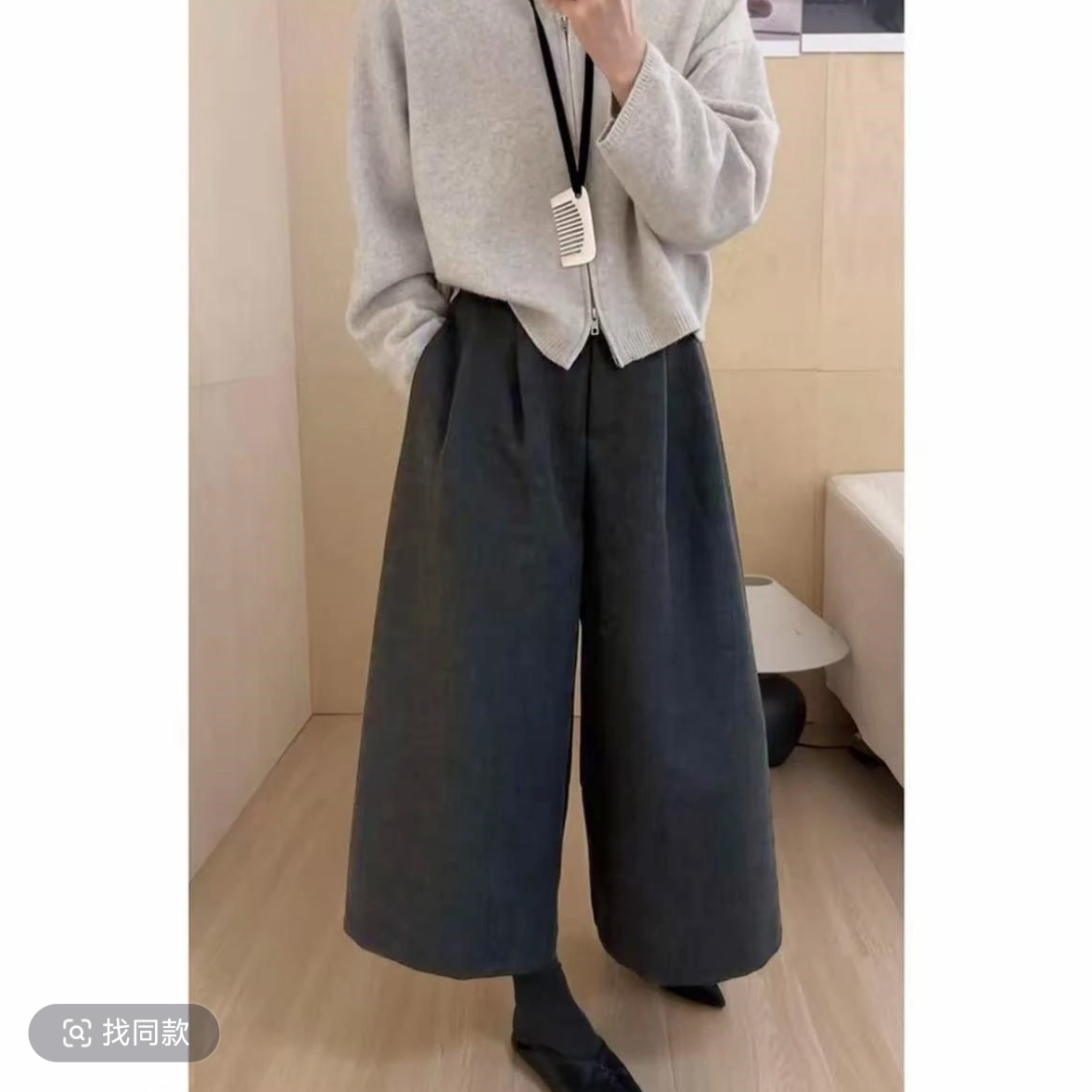 2025新款阔腿八分裤纯色厚款慵懒风拼接休闲裤女装秋季裤子显瘦