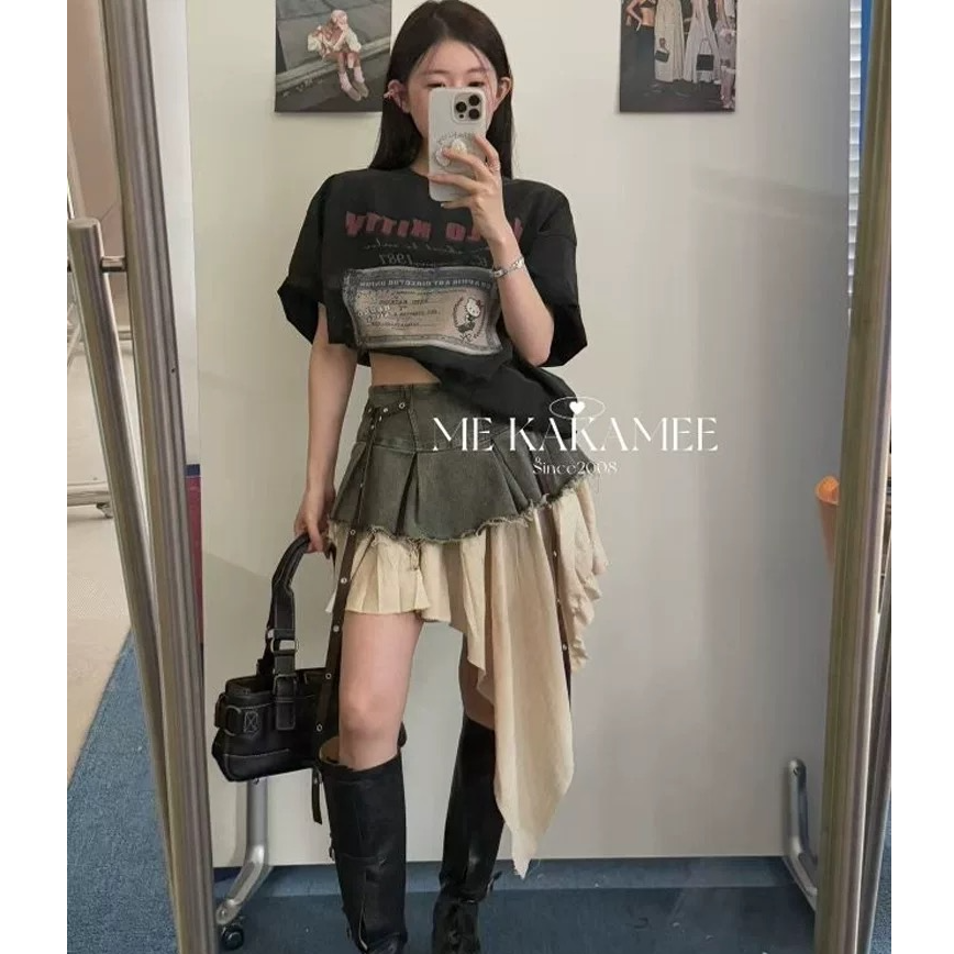夏季新款韩系设计感小众辣妹不规则拼接牛仔半身裙