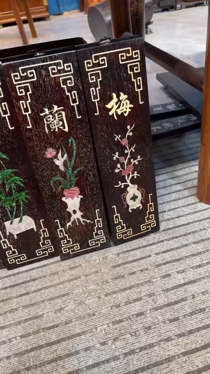 木紫檀梅兰竹菊四条屏邵氏紫檀木艺