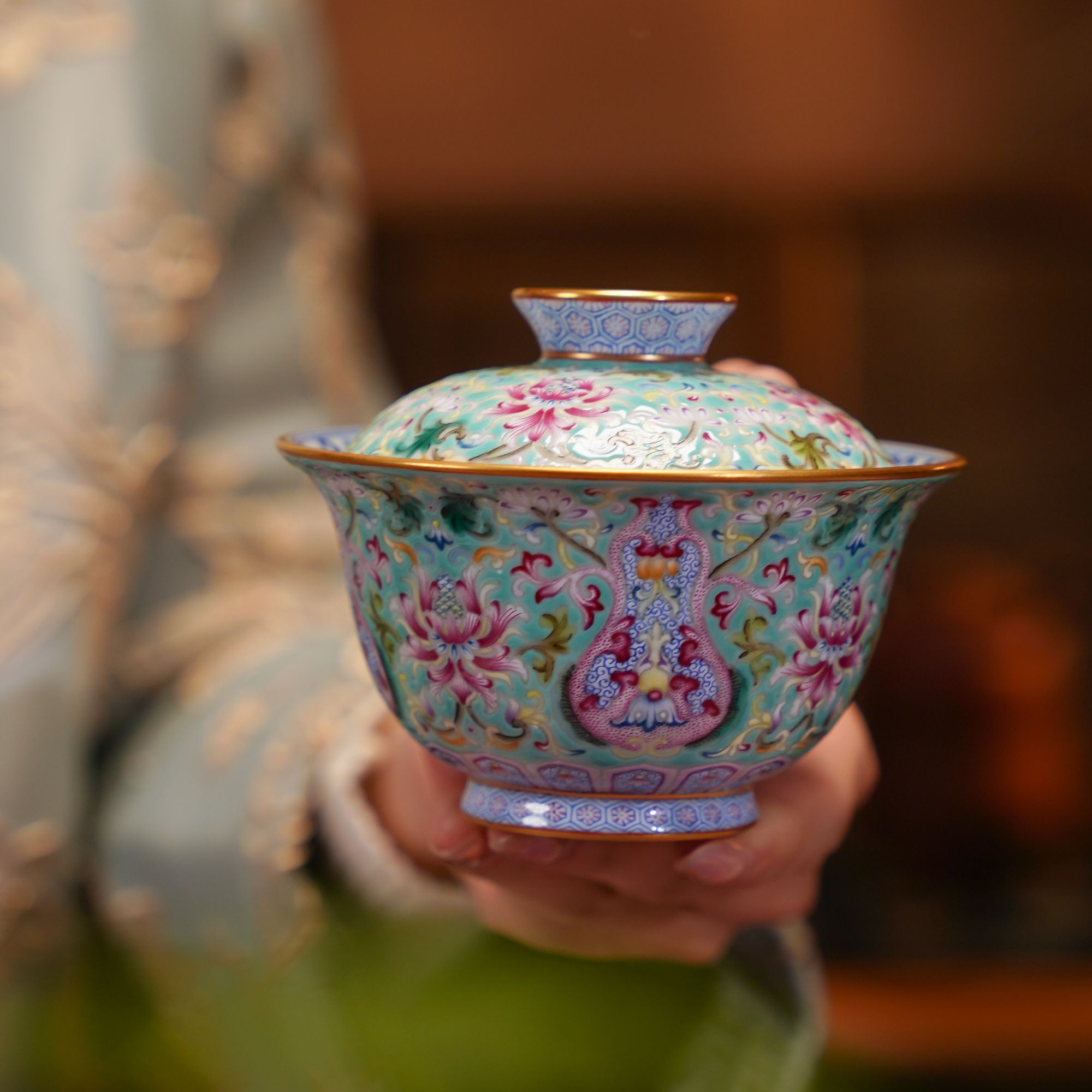 溢珍堂松石绿内青花花卉盖碗茶具茶道家用纯手工高档陶瓷喝茶茶器