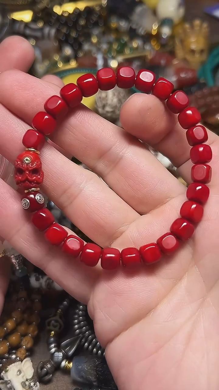 鹿骨手串/手链8****6天狗红灯泡顶珠六方手串