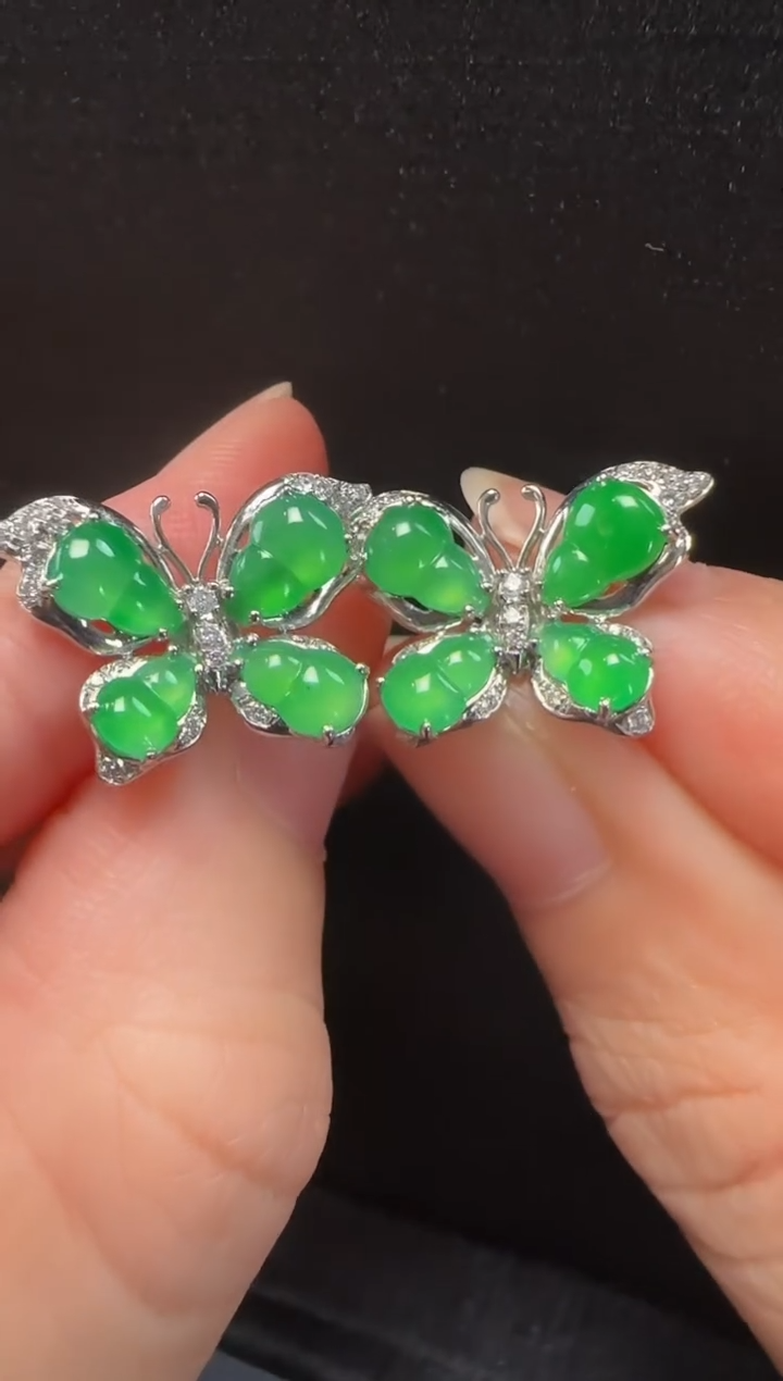 翡翠18K金镶嵌耳饰557蝴蝶一对