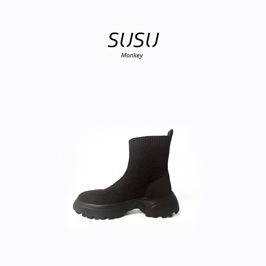 苏苏【SUXZ-高帮绒面厚底鞋】 织物 增高厚底弹力靴子 短靴 