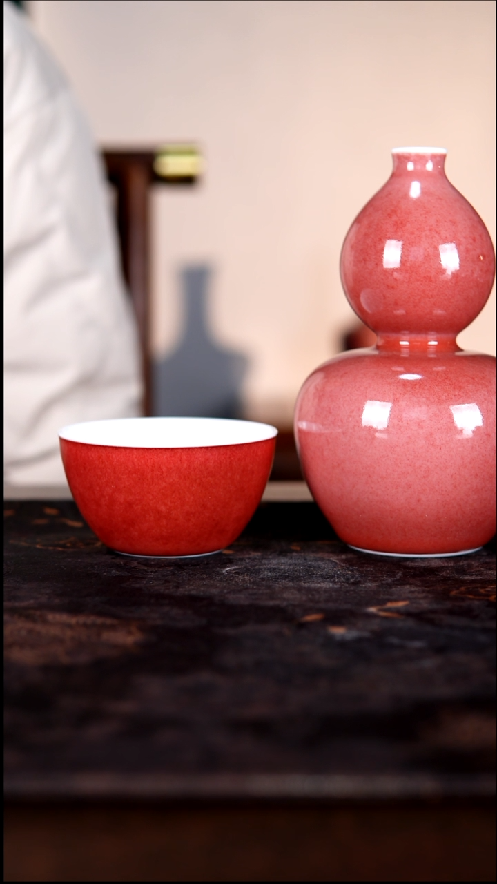 杯子白泥哈*豇豆红陶瓷纯手工