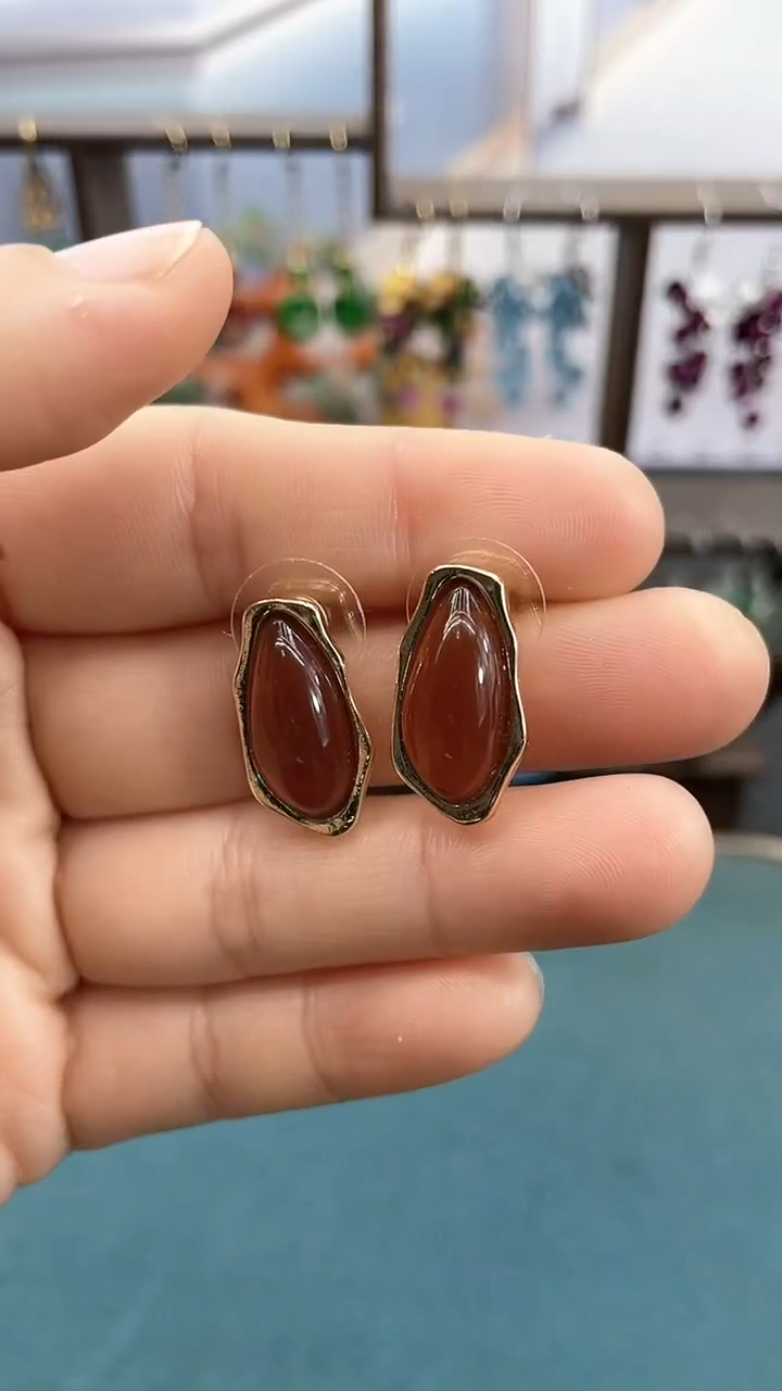 血珀银S925镶嵌耳饰血珀耳钉